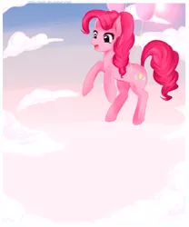 Size: 815x980 | Tagged: safe, artist:chokico, derpibooru import, pinkie pie, pony, balloon, cloud, cute, diapinkes, floating, open mouth, sky, solo, then watch her balloons lift her up to the sky