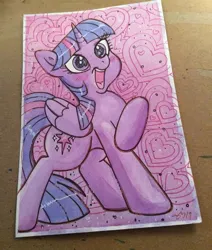 Size: 600x706 | Tagged: safe, artist:marybellamy, derpibooru import, twilight sparkle, twilight sparkle (alicorn), alicorn, pony, commission, excited, heart, heart background, open mouth, photo, raised leg, solo, traditional art