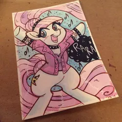 Size: 600x600 | Tagged: safe, artist:marybellamy, derpibooru import, coloratura, earth pony, pony, bipedal, countess coloratura, female, hooves up, looking at you, mare, music notes, open mouth, photo, solo, traditional art, watercolor painting