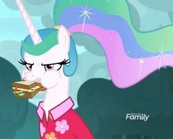 Size: 1334x1080 | Tagged: alternate hairstyle, angry, between dark and dawn, cropped, cute, cutelestia, derpibooru import, discovery family logo, eating, food, madorable, ponytail, princess celestia, puffy cheeks, safe, sandwich, screencap, solo