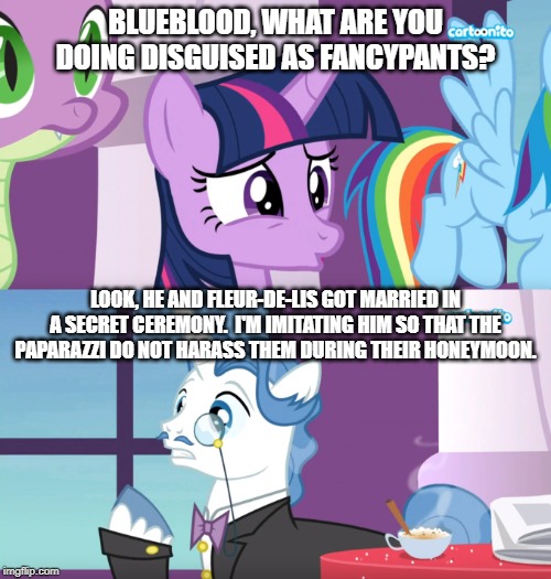 Size: 500x525 | Tagged: alicorn, between dark and dawn, caption, cartoonito logo, comic, derpibooru import, dragon, edit, edited screencap, fancyfleur, fancypants, female, fleur-de-lis, image macro, implied fancyfleur, implied shipping, insane fan theory, male, meme, prince blueblood, rainbow dash, safe, screencap, screencap comic, shipping, spike, straight, text, twilight sparkle, twilight sparkle (alicorn), winged spike