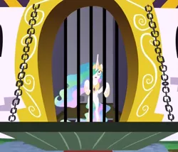 Size: 979x837 | Tagged: safe, derpibooru import, screencap, princess celestia, pony, between dark and dawn, bipedal, cropped, drawbridge, gate, solo