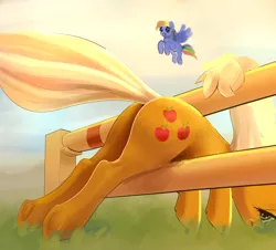 Size: 1602x1448 | Tagged: safe, artist:xbi, derpibooru import, edit, editor:anonymous, applejack, rainbow dash, pony, applebutt, butt, buttstuck, faic, fail, plot, silly, silly pony, smug, smugdash, stuck, who's a silly pony