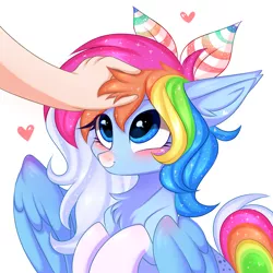 Size: 3000x3000 | Tagged: safe, artist:pesty_skillengton, derpibooru import, oc, oc:rainbow dreams, unofficial characters only, human, pegasus, pony, :t, blushing, bow, chest fluff, colored nose, colored pupils, commission, cute, daaaaaaaaaaaw, ear fluff, ear tufts, female, hair bow, hand, happy, heart, human on pony petting, looking up, love, mare, ocbetes, pegasus oc, petting, simple background, smiling, solo, solo focus, sparkles, spread wings, white background, wings