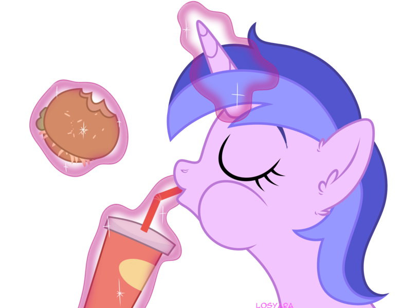 Size: 3200x2456 | Tagged: safe, artist:losyara, derpibooru import, sea swirl, seafoam, pony, unicorn, background pony, burger, commission, drink, drinking, eyes closed, female, food, glowing horn, hay burger, horn, magic, mare, simple background, solo, telekinesis, transparent background, ych result