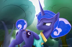 Size: 4332x2855 | Tagged: safe, artist:gouransion, derpibooru import, princess luna, alicorn, pony, between dark and dawn, burrs, butt, clothes, crepuscular rays, cute, female, literal butthurt, mare, pain, plot, solo, stingbush seed pods, tree