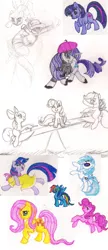 Size: 1300x3000 | Tagged: safe, artist:cluttercluster, derpibooru import, apple bloom, fluttershy, pinkie pie, pipsqueak, rainbow dash, rarity, scootaloo, sweetie belle, twilight sparkle, vinyl scratch, earth pony, pegasus, pony, unicorn, beret, clothes, cutie mark crusaders, dress, eyepatch, female, hat, lineart, male, rearing, seesaw, sunglasses, traditional art, unicorn twilight