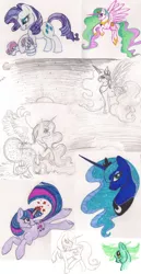 Size: 1300x2519 | Tagged: safe, artist:cluttercluster, derpibooru import, fleur-de-lis, lyra heartstrings, princess celestia, princess luna, rarity, sweetie belle, twilight sparkle, alicorn, pony, unicorn, bust, female, horn, hug, lineart, raised hoof, sparking horn, traditional art, unicorn twilight