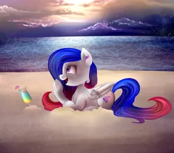 Size: 2500x2200 | Tagged: safe, artist:segraece, derpibooru import, oc, oc:sherbert swirl, unofficial characters only, pegasus, pony, beach, cocktail, cup, pegasus oc, ponyloaf, prone, sand, solo, wings