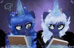 Size: 3500x2250 | Tagged: safe, artist:darkest-lunar-flower, derpibooru import, princess luna, alicorn, pony, :p, abstract background, alternate hairstyle, book, clothes, crown, cute, cute little fangs, ear fluff, ear piercing, earring, fangs, female, horn, jewelry, magic, mare, pen, piercing, regalia, self ponidox, smiling, sweater, telekinesis, tongue out