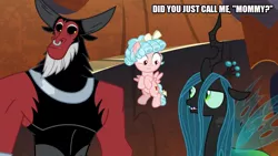 Size: 889x500 | Tagged: safe, derpibooru import, edit, edited screencap, screencap, cozy glow, lord tirek, queen chrysalis, centaur, changeling, changeling queen, pegasus, pony, the beginning of the end, caption, crown, family, female, filly, horn, image macro, jewelry, mom, mommy, mommy chrissy, mother, regalia, text, wings