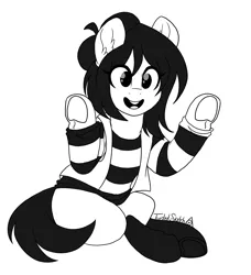Size: 3758x4118 | Tagged: safe, artist:twisted-sketch, derpibooru import, oc, oc:isabelle incraft, oc:izzy, pony, beret, clothes, commission, hat, high res, hooves, mime, monochrome, signature, sitting, smiling, underhoof
