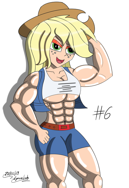 Size: 2236x3248 | Tagged: suggestive, artist:lyruzlavh, derpibooru import, applejack, human, equestria girls, abs, applejacked, belt, belt buckle, biceps, big breasts, breasts, clothes, female, fetish, hat, midriff, muscle fetish, muscle growth, muscles, muscular female, shorts, smiling, solo, tight clothing, underboob