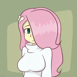 Size: 894x894 | Tagged: safe, artist:genericmlp, derpibooru import, fluttershy, bat pony, equestria girls, abstract background, breasts, busty fluttershy, clothes, cute, female, flutterbat, hair over one eye, race swap, shyabetes, solo, sweater, sweatershy