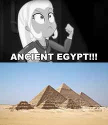 Size: 1617x1872 | Tagged: safe, derpibooru import, edit, edited screencap, screencap, trixie, equestria girls, equestria girls series, rarity investigates: the case of the bedazzled boot, ancient egypt, atop the fourth wall, choose your own ending (season 1), fist shaking, fist up, linkara, pyramid