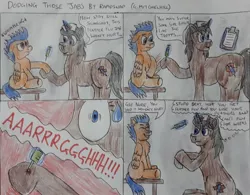 Size: 1012x790 | Tagged: safe, artist:rapidsnap, derpibooru import, oc, oc:nurse haywick, oc:sling shot, pegasus, pony, unicorn, annoyed, blood, comic, feather flu, levitation, magic, needle, nurse, pain, syringe, telekinesis, traditional art