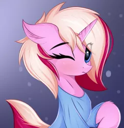 Size: 1935x1989 | Tagged: safe, artist:twiren, derpibooru import, oc, oc:honningbrew, unofficial characters only, pony, unicorn, clothes, commission, cute, eye clipping through hair, female, mare, ocbetes, one eye closed, shirt, solo, t-shirt