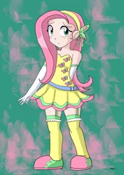 Size: 1240x1754 | Tagged: abstract background, artist:carol-aredesu, beyblade, clothes, crossover, derpibooru import, dress, fluttershy, garter belt, gloves, human, humanized, long gloves, safe, socks, solo, standing, stockings, thigh highs, three quarter view
