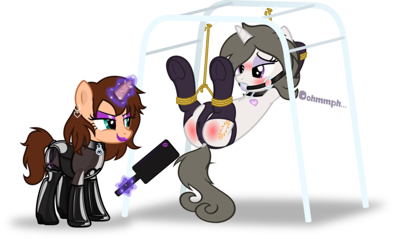 Size: 4975x3000 | Tagged: questionable, artist:applec1234, deleted from derpibooru, derpibooru import, oc, oc:chloe adore, oc:solaria, pony, unicorn, aroused, ballgag, bdsm, blushing, bondage, bondage furniture, boots, butt, clothes, collar, female, females only, frog (hoof), gag, gloves, latex, leotard, lesbian, magic, muffled moaning, paddle, panties, rope, rope bondage, rubber, shoes, show accurate, show accurate porn, socks, spank mark, suspended, underhoof, underwear