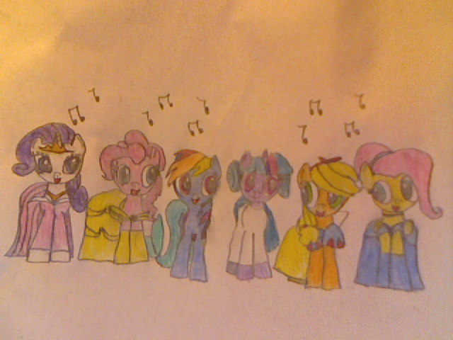 Size: 640x480 | Tagged: applejack, ariel, artist:wandersong, beauty and the beast, belle, cinderella, clothes, cosplay, costume, crossover, derpibooru import, disney, disney princess, fluttershy, mane six, music notes, pinkie pie, princess aurora, princess leia, rainbow dash, rarity, safe, singing, sleeping beauty, snow white, snow white and the seven dwarfs, star wars, the little mermaid, traditional art, twilight sparkle