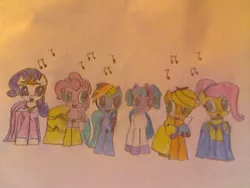 Size: 640x480 | Tagged: applejack, ariel, artist:wandersong, beauty and the beast, belle, cinderella, clothes, cosplay, costume, crossover, derpibooru import, disney, disney princess, fluttershy, mane six, music notes, pinkie pie, princess aurora, princess leia, rainbow dash, rarity, safe, singing, sleeping beauty, snow white, snow white and the seven dwarfs, star wars, the little mermaid, traditional art, twilight sparkle