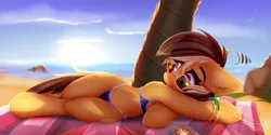 Size: 1729x867 | Tagged: safe, alternate version, artist:omi, derpibooru import, oc, oc:dawnsong, unofficial characters only, earth pony, pony, beach, bikini, clothes, female, mare, ocean, solo, summer, sunglasses, swimsuit