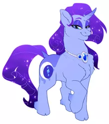 Size: 800x914 | Tagged: safe, artist:shadeysix, derpibooru import, princess luna, rarity, pony, unicorn, cheek fluff, chest fluff, cloven hooves, coat markings, curved horn, dock, ear fluff, ethereal mane, female, fusion, horn, jewelry, lidded eyes, looking at you, mare, necklace, simple background, smiling, solo, starry mane, unshorn fetlocks, white background