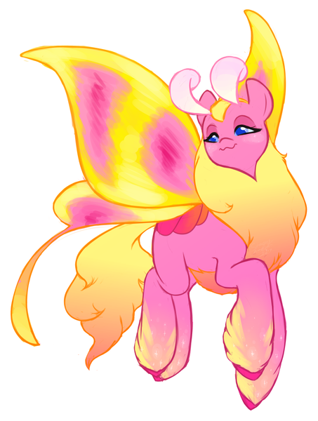 Size: 850x1125 | Tagged: antennae, artist:owlfluffs, artist:shadeysix, cat face, coat markings, derpibooru import, flutter pony, flying, lidded eyes, moth, mothpony, oc, original species, rosy maple moth, safe, simple background, smiling, solo, sparkles, spread wings, unofficial characters only, white background, wings