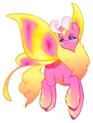 Size: 850x1125 | Tagged: antennae, artist:owlfluffs, artist:shadeysix, cat face, coat markings, derpibooru import, flutter pony, flying, lidded eyes, moth, mothpony, oc, original species, rosy maple moth, safe, simple background, smiling, solo, sparkles, spread wings, unofficial characters only, white background, wings