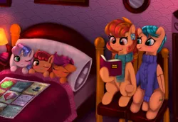 Size: 6300x4340 | Tagged: safe, artist:darksly, derpibooru import, apple bloom, aunt holiday, auntie lofty, scootaloo, sweetie belle, earth pony, pegasus, pony, unicorn, the last crusade, absurd resolution, adorabloom, bed, bedroom, bedtime story, chair, crusaderbetes, cute, cutealoo, cutie mark, cutie mark crusaders, diasweetes, female, filly, lesbian, lofty day, quilt, scootalove, shipping, sitting, smiling, the cmc's cutie marks