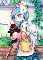 Size: 760x1051 | Tagged: safe, artist:mashiromiku, derpibooru import, fluttershy, rainbow dash, oc, oc:mimi, unnamed oc, alicorn, anthro, pony, anthro with ponies, patreon, patreon logo, traditional art, watercolor painting