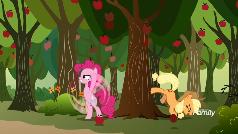 Size: 1920x1080 | Tagged: safe, derpibooru import, screencap, applejack, pinkie pie, earth pony, pony, between dark and dawn, apple, apple tree, applebucking, applejack mid tree-buck facing the right with 3 apples falling down, applejack mid tree-buck with 3 apples falling down, discovery family logo, duo, falling, female, food, mare, tree