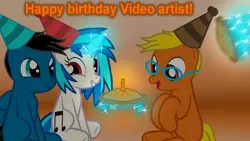 Size: 3840x2160 | Tagged: safe, artist:agkandphotomaker2000, derpibooru import, vinyl scratch, oc, oc:pony video artist, oc:pony video maker, earth pony, pegasus, pony, unicorn, birthday, birthday card, canon x oc, female, food, glasses, hat, levitation, magic, male, moments before disaster, party hat, pie, pied, shipping, straight, telekinesis, videoscratch