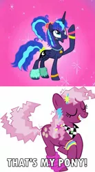 Size: 797x1442 | Tagged: 80s, 80s cheerilee, 80s princess luna, between dark and dawn, caption, cheerilee, derpibooru import, edit, edited screencap, image macro, meme, princess luna, safe, screencap, text, that's my pony, that's my x