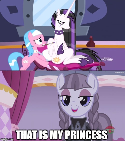 Size: 500x562 | Tagged: safe, derpibooru import, edit, edited screencap, screencap, aloe, inky rose, princess celestia, alicorn, bat, earth pony, pegasus, pony, between dark and dawn, honest apple, alternate hairstyle, caption, celestia is not amused, comic, cute, female, goth, hair dye, image macro, mare, meme, open mouth, punklestia, screencap comic, smiling, solo, text, that's my x, unamused, when she smiles, wings