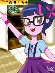 Size: 1800x2401 | Tagged: safe, artist:artmlpk, derpibooru import, sci-twi, twilight sparkle, equestria girls, airport, bun, clothes, female, gate, geode of telekinesis, glasses, looking at you, magical geodes, pointing, skirt, solo, starbucks, vacation, watch