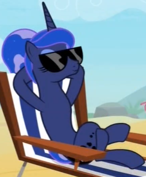 Size: 650x784 | Tagged: safe, derpibooru import, screencap, princess luna, alicorn, pony, between dark and dawn, alternate hairstyle, beach chair, cropped, crossed legs, eyes closed, female, hooves behind head, mare, needs more jpeg, reclining, relaxing, sitting, solo, sunbathing luna, sunglasses, we don't normally wear clothes