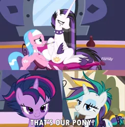 Size: 1920x1959 | Tagged: alicorn, aloe, alternate hairstyle, between dark and dawn, caption, derpibooru import, edit, edited screencap, image macro, meme, princess celestia, punk, punklestia, punklight sparkle, raripunk, rarity, safe, screencap, spa pony, text, that's my pony, that's my x, twilight sparkle, twilight sparkle (alicorn)