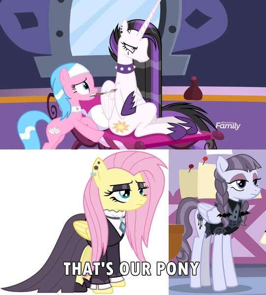 Size: 1343x1490 | Tagged: aloe, between dark and dawn, caption, derpibooru import, edit, edited screencap, fluttergoth, fluttershy, goth, image macro, inky rose, meme, princess celestia, punklestia, safe, screencap, text, that's my pony, that's my x