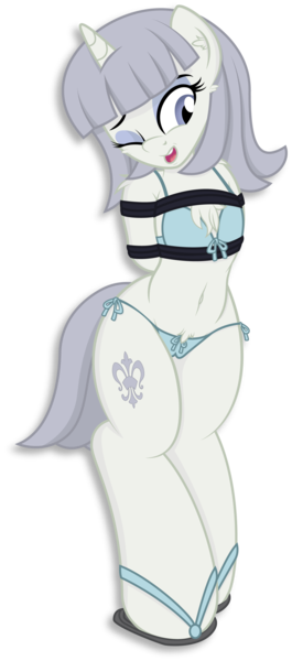 Size: 1519x3443 | Tagged: arm behind back, artist:digiqrow, belly button, bikini, bondage, box tied, cameltoe, chest fluff, clothes, derpibooru import, female, oc, oc:rosa bianca, one eye closed, pubic fluff, questionable, sandles, semi-anthro, simple background, solo, solo female, squint, swimsuit, transparent background, unofficial characters only