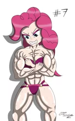 Size: 2200x3548 | Tagged: suggestive, artist:lyruzlavh, derpibooru import, pinkie pie, human, equestria girls, abs, biceps, breasts, clothes, female, fetish, flexing, looking down, midriff, muscle fetish, muscle growth, muscles, muscular female, panties, pinkie pump, solo, sports bra, thong, underwear