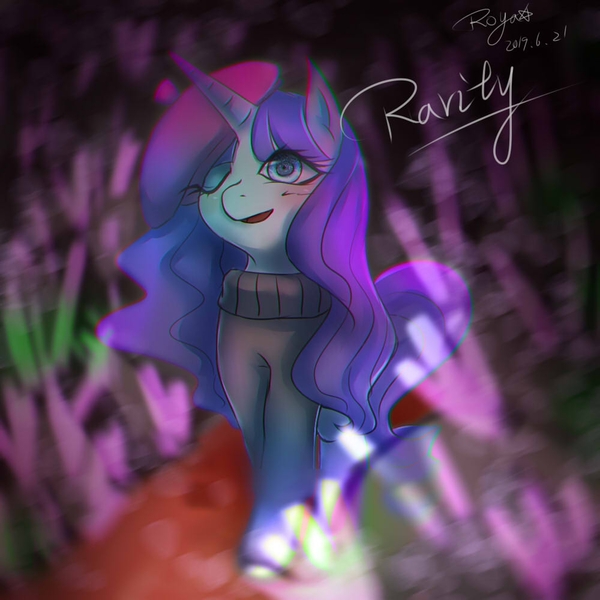 Size: 1000x1000 | Tagged: safe, artist:roya, derpibooru import, rarity, pony, unicorn, beatnik rarity, beret, clothes, female, hat, mare, one eye closed, solo, sweater, wink