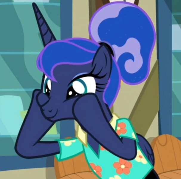 Size: 842x832 | Tagged: safe, derpibooru import, screencap, princess luna, pony, between dark and dawn, alternate hairstyle, clothes, cropped, cute, hawaiian shirt, hoof on cheek, lunabetes, post office, shirt, solo