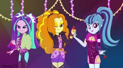 Size: 5000x2800 | Tagged: safe, artist:tabrony23, derpibooru import, adagio dazzle, aria blaze, sonata dusk, equestria girls, equestria girls series, find the magic, spoiler:eqg series (season 2), absurd resolution, arm behind head, clothes, gem, looking at you, one eye closed, open mouth, siren gem, taco dress, the dazzlings, the dazzlings have returned, wink