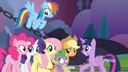 Size: 1366x768 | Tagged: alicorn, applejack, between dark and dawn, derpibooru import, discovery family logo, dragon, fluttershy, mane seven, mane six, pinkie pie, rainbow dash, rarity, safe, screencap, spike, twilight sparkle, twilight sparkle (alicorn), winged spike