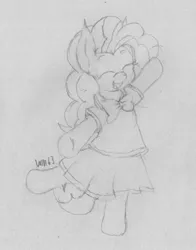 Size: 792x1009 | Tagged: safe, artist:wapamario63, derpibooru import, pinkie pie, earth pony, pony, bipedal, clothes, cute, eyes closed, female, happy, mare, moe, monochrome, pleated skirt, school uniform, schoolgirl, sketch, skirt, smiling, solo, traditional art