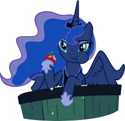 Size: 3000x2895 | Tagged: safe, artist:supermatt314, derpibooru import, princess luna, alicorn, pony, luna eclipsed, apple, bucket, crown, cute, eating, ethereal mane, female, food, hoof hold, hoof shoes, jewelry, lunabetes, mare, puffy cheeks, regalia, simple background, solo, spread wings, transparent background, vector, water, wings