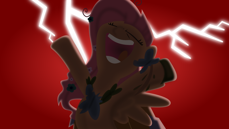 Size: 1920x1080 | Tagged: safe, artist:supermatt314, derpibooru import, fluttershy, pegasus, pony, the best night ever, bipedal, clothes, dramatic lighting, dress, evil laugh, eyes closed, female, gala dress, hooves in air, insanity, laughing, lightning, mare, open mouth, red background, scene interpretation, simple background, solo, spread wings, volumetric mouth, wallpaper, wings