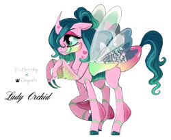 Size: 991x807 | Tagged: artist:unoriginai, birthmark, changeling, changepony, cute, derpibooru import, heart mark, hybrid, interspecies offspring, magical lesbian spawn, mantis, oc, oc:lady orchid, offspring, parent:fluttershy, parent:queen chrysalis, parents:chrysashy, safe, simple background, text, transparent background, unofficial characters only