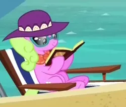 Size: 300x254 | Tagged: safe, derpibooru import, screencap, daisy, flower wishes, earth pony, pony, between dark and dawn, beach, book, cropped, deck chair, female, hat, mare, neckerchief, picture for breezies, reading, solo, sunbathing, sunglasses